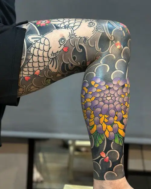 Purple Chrysanthemum Tattoo Design on the Calf