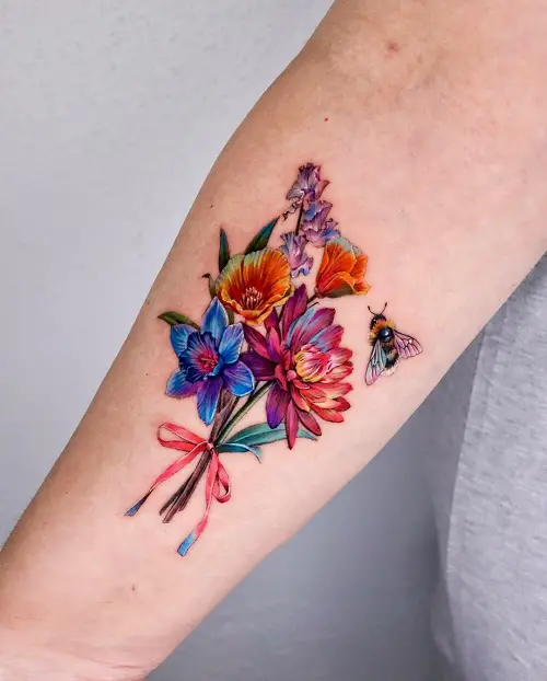 Birth Flower Bouquet with Bumble Bee Tattoo