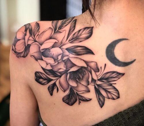 Magnolia Flower and Crescent Moon tattoo