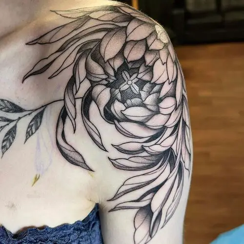 Black and White Chrysanthemum on the Shoulder tattoo