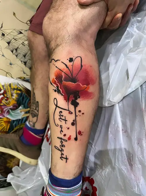 Watercolor Splash Poppy with “Lest We Forget” tattoo