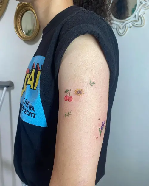Small Miniature Cherries, Sunflower, Lavender, and Twigs tattoo ideas