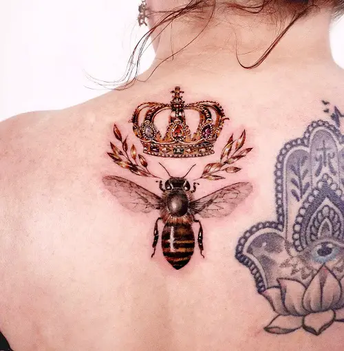 Queen Bee Tattoo with Crown and Olive Branches