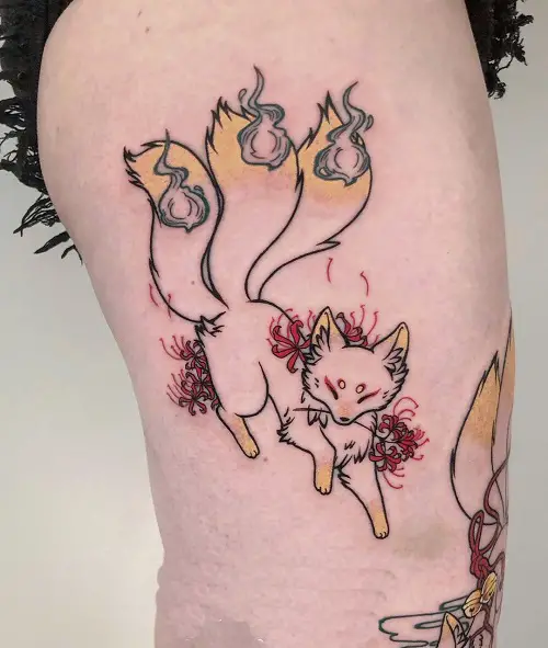Japanese Kitsunes with Spider Lilies tattoo