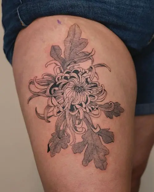 Large Chrysanthemum Thigh Tattoo Design