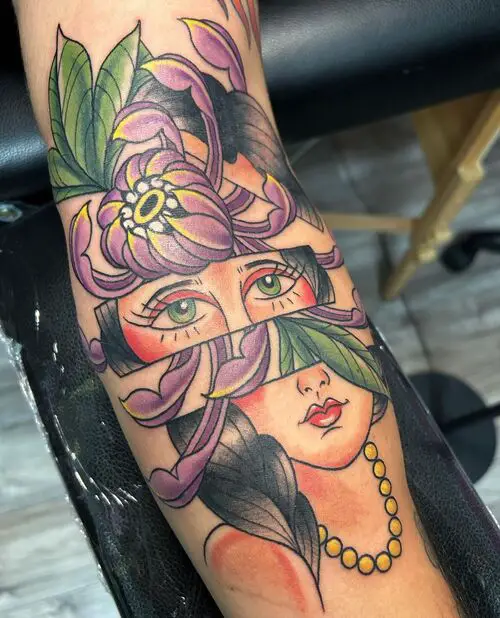 Split Lady Head with Chrysanthemum Tattoo Designs 27