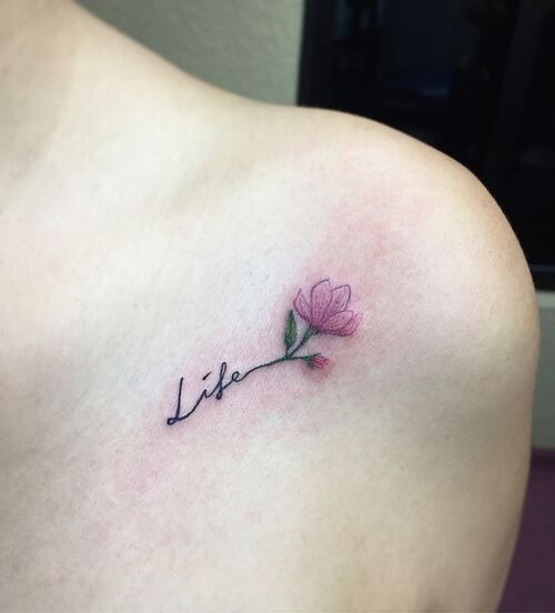 Delicate Magnolia Collar Bone Tattoo with “Life”