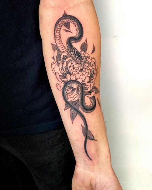 Snake Wrapped Around Chrysanthemum Flower Tattoo