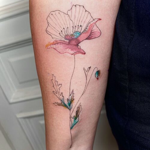 Pink and Blue Poppy Piece tattoo