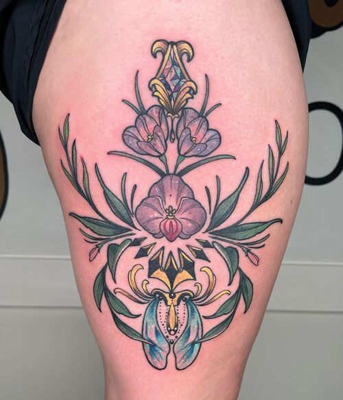 Pansy Tattoo Design with Jewelry and Leaves