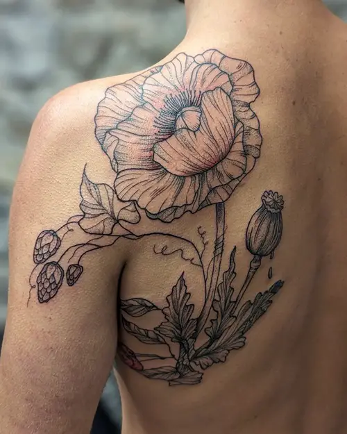 Large Poppy Flower Tattoo on the Back