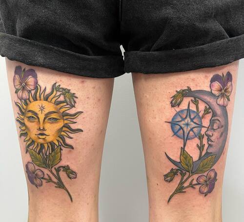 Pansy Flower Tattoo with Sun and Moon tattoo