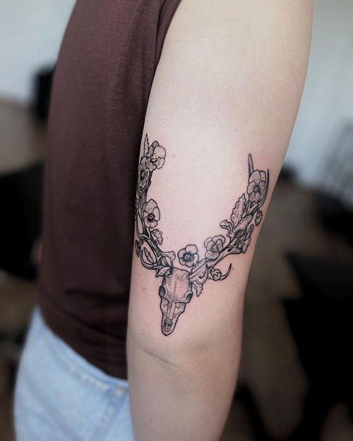 Deer Skull and Pansy Flower Tattoo 