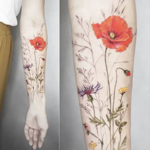 Cornflower and Poppy Pair tattoo