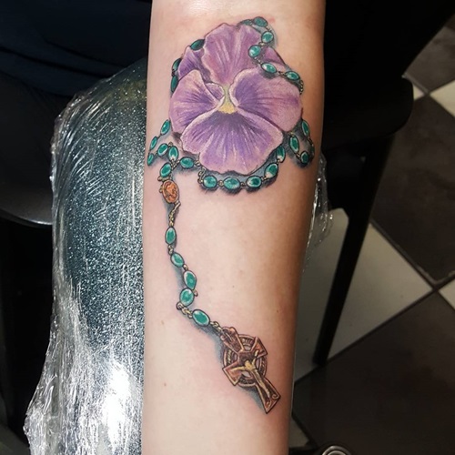 Pansy with Rosemary Beads and Cross Necklace tattoo