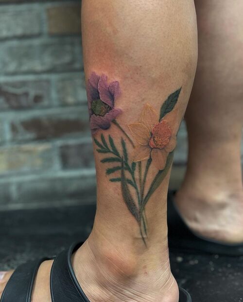 Poppy and Narcissus Leg Tattoo