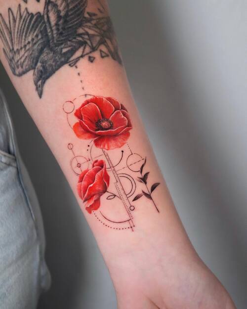 Poppy Flower Tattoo with Geometric Designs tattoo