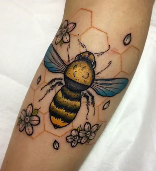 Bumble Bee with Honeycomb and Flowers tattoo