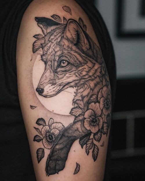 Fox and Pansy Flowers tattoo