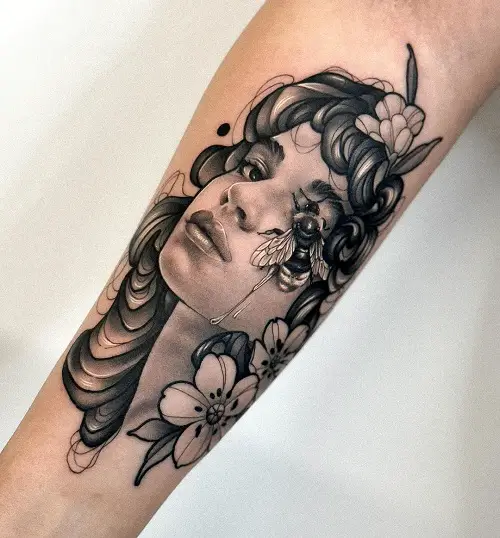 Bumble Bee on Woman’s Portrait Tattoo
