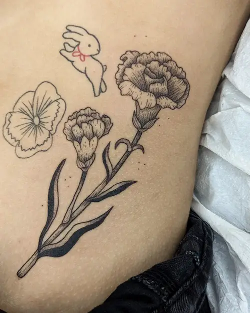 January Birth Flower Tattoo Carnation with Bunny on Stomach