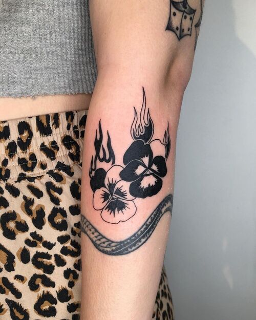 Black and White Pansy Flowers with Flames tattoo