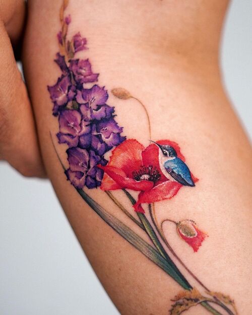 Gladiolus, Poppy, and Hummingbird Design tattoo