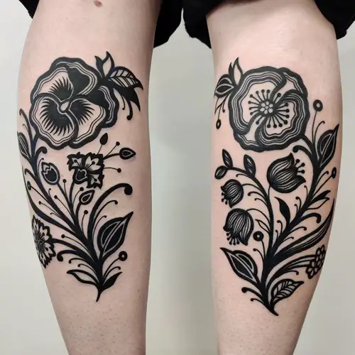 Poppy and Bluebells in Tribal Design tattoo