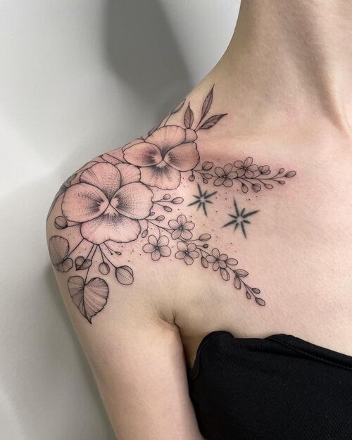 Pansy Floral Tattoo Shoulder