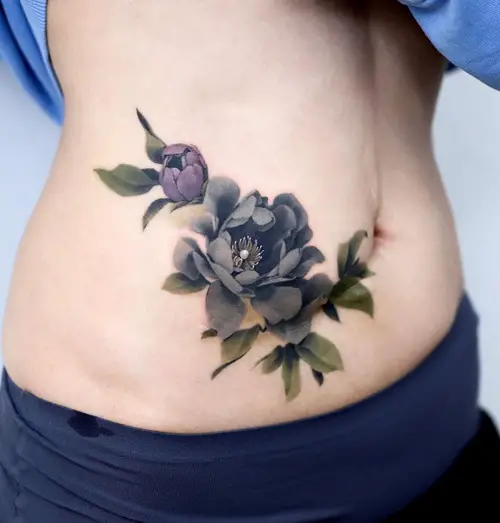 Black Peony on Belly tattoo