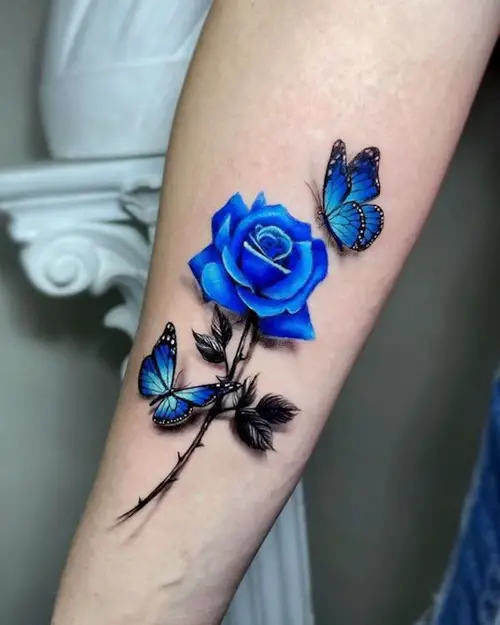 Blue Rose and Blue Butterfly Tattoo Pair