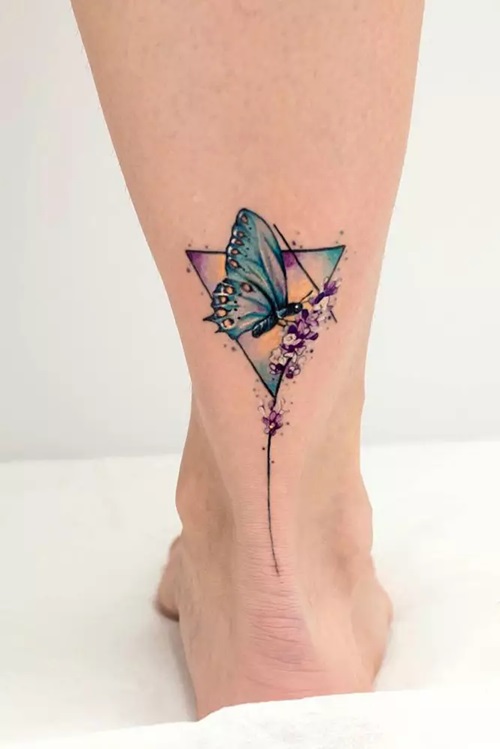 Butterfly and Floral Stem in a Triangle tattoo
