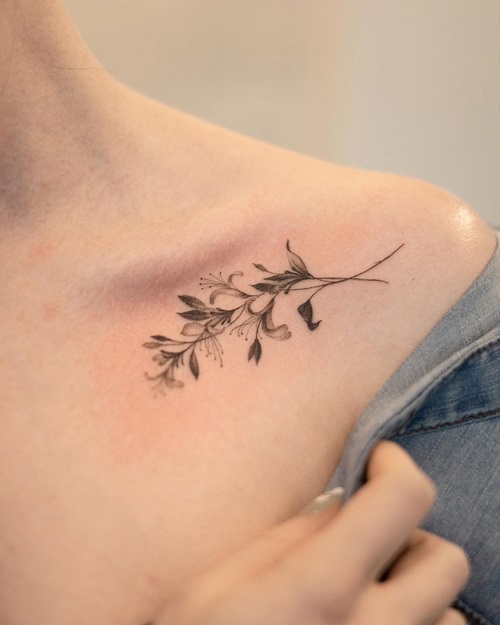 Delicate Honeysuckle on Collar Bone Tattoo25
