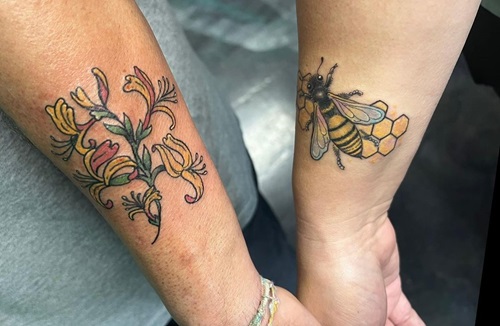Honeysuckle and Bee Couple Tattoo