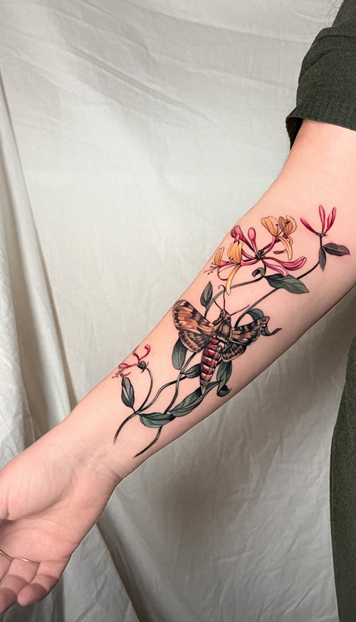 Honeysuckle with Dragonfly tattoo