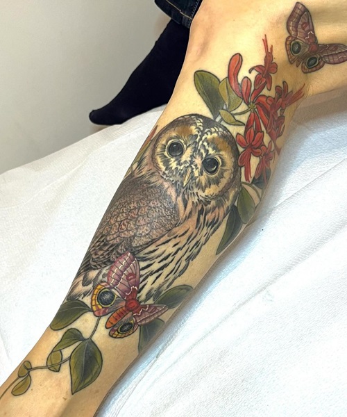 Honeysuckles with an Owl and Butterfly tattoo