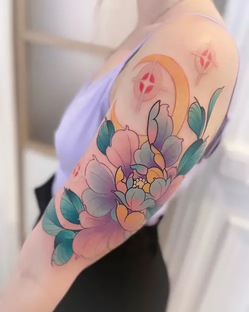 Multicolored Peony with Moon tattoo