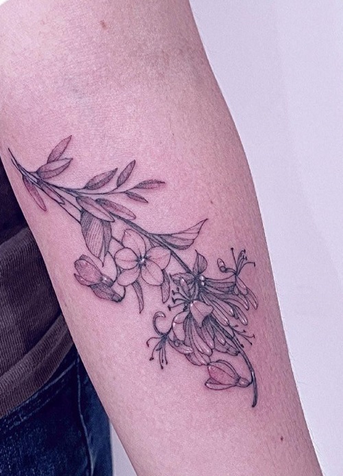 Olive, Violet, Snowdrop, and Honeysuckle Tattoo