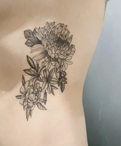 Peony and Mums on the Side tattoo