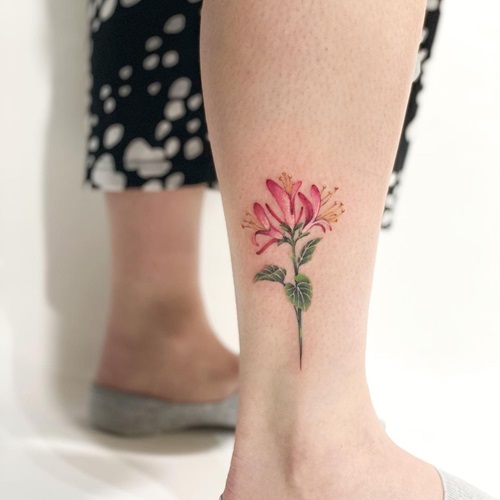 Pink Honeysuckles on the Leg Tattoo 3