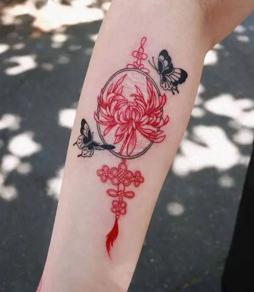 Red Chrysanthemum with Butterflies tattoo