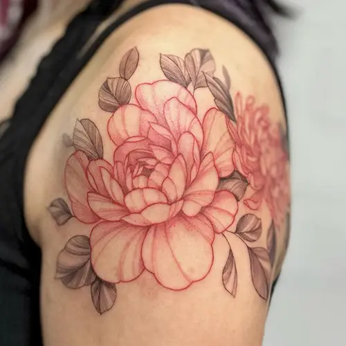 Red Ink Chrysanthemum and Peony Birth Flowers tattoo