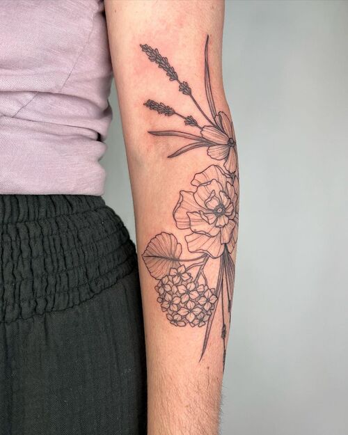 Hydrangea, Peony, and Lavender Bouquet tattoo ideas