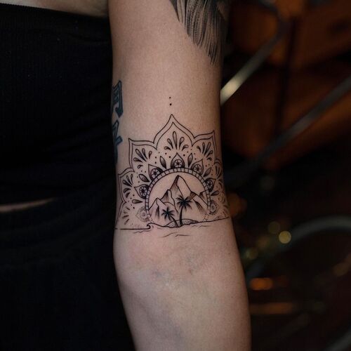 Palm Tree with Mountains and Mandala Tattoo