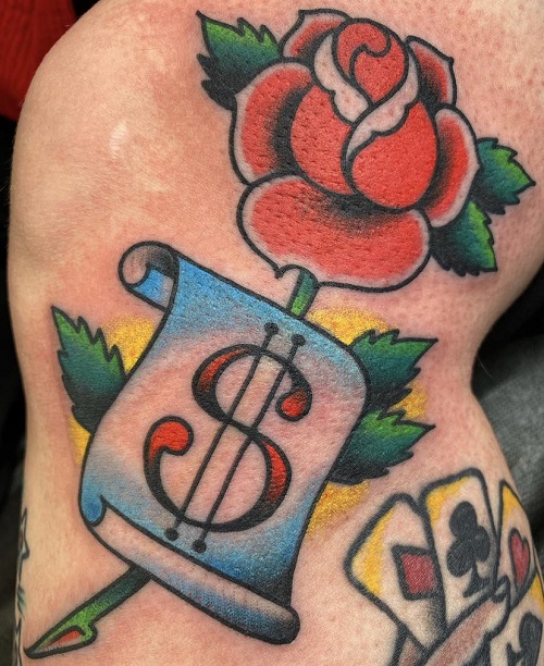 Rose with Dollar Sign Scroll Tattoo Designs 18