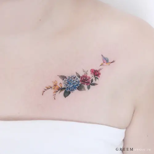 Hydrangea, Freesia, and Hummingbird on the Collarbone ideas