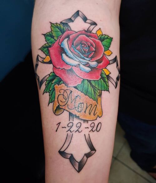 Rose and Cross for Mom Tattoo