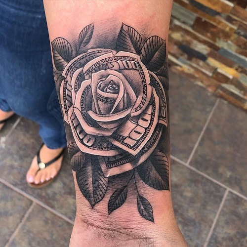 Money Rose with Leaves Tattoo Designs