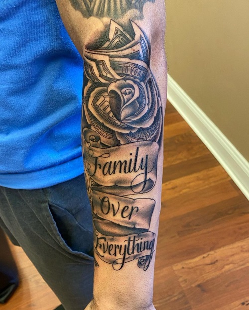 Roses with Money and Banners Tattoo Designs 16
