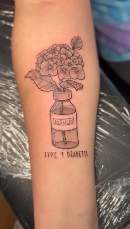 Hydrangea in Insulin Bottle tattoo